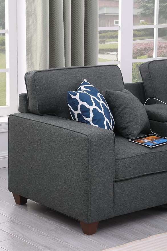 Ball & Cast 127" L-Shaped Sectional Couch with Movable Ottoman and 6 Throw Pillow,7 Seat Chenille Upholstered Sofa W/ 2 Cup Holders,USB Port and Hidden Storage Box,DIY Combination,for Living Room,Gray
