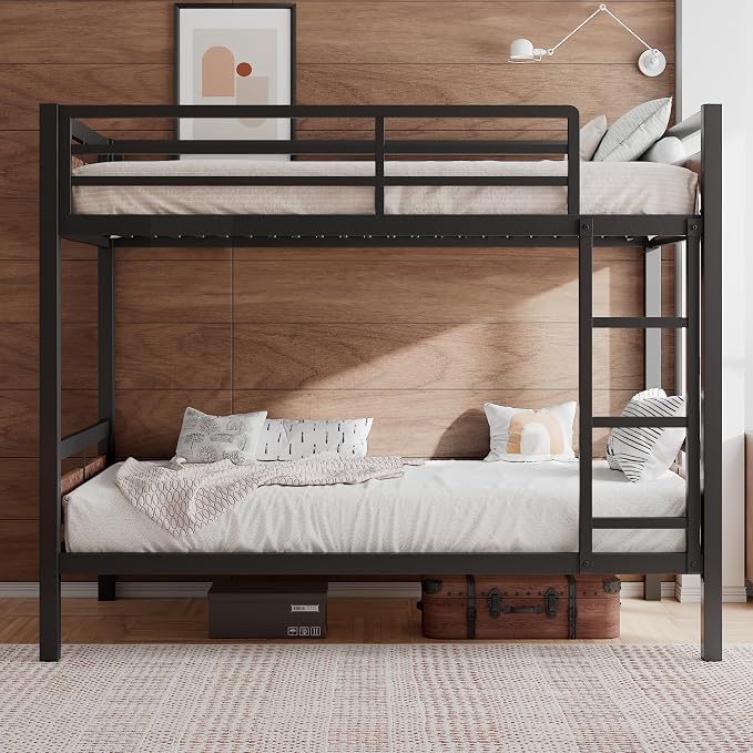 Einhomn Bunk Bed Twin Over Twin, Heavy Duty Metal Bed with Ladder and Full-Length Guardrail, Under-Bed Storage Space, No Box Spring Needed, Noise Free, Rustic Brown