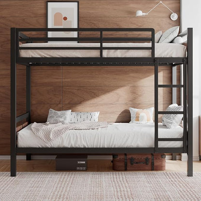 Einhomn Bunk Bed Twin Over Twin, Heavy Duty Metal Bed with Ladder and Full-Length Guardrail, Under-Bed Storage Space, No Box Spring Needed, Noise Free, Rustic Brown