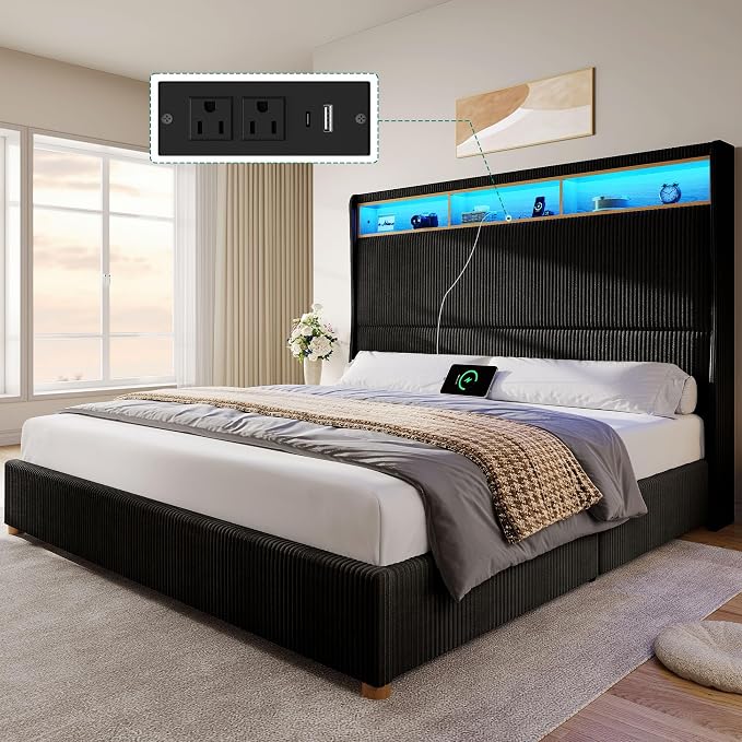 DWVO King Size Corduroy Upholstered Platform Bed Frame with Charging Station and RGB LED Lights, 53’’ Tall Storage Wingback Headboard, No Box Spring Needed, Easy Assembly, Noise-Free, Black