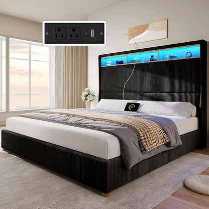 DWVO King Size Corduroy Upholstered Platform Bed Frame with Charging Station and RGB LED Lights, 53’’ Tall Storage Wingback Headboard, No Box Spring Needed, Easy Assembly, Noise-Free, Black