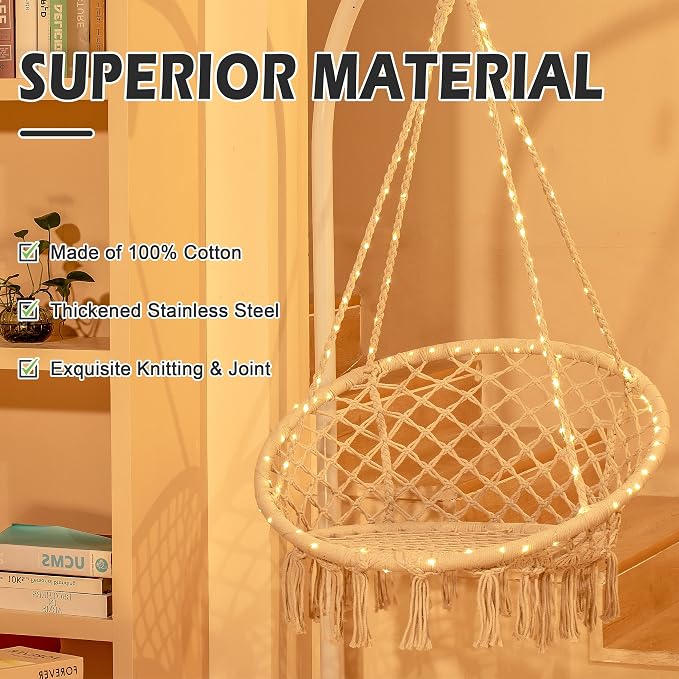 Sonyabecca LED Macrame Hammock Hanging Swinging Chair, Indoor/Outdoor Hanging Chair with 472" LED String for Bedroom, Patio, Deck, Yard, and Garden, Comfy Large Size 55x75 cm (No Stand)