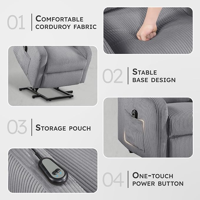 Lexicon Power Lift Recliner Chair for Elderly with Remote Control, Gentle Lift Motion, Side Pocket Armrest, Corduroy Upholstered Electric Recliner for Living Room/Bedroom, Easy Assembly, Dark Gray