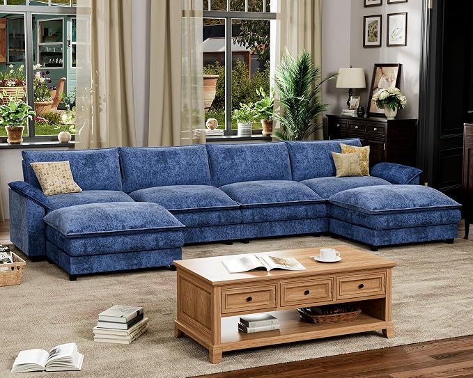 Homall 159" Modular Sectional Sofa, Loveseat Sofa Couch with Double-Layer Cushion, DIY Combination Chenille Deep 2-Seat Cloud Couch for Living Room (Dark Blue, U Shaped Sofa)