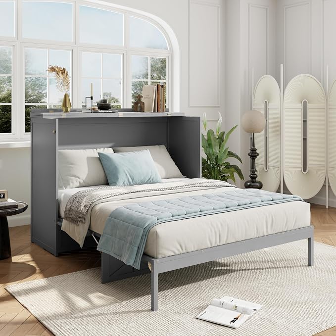 Bellemave Queen Size Murphy Bed, Cabinet Bed with Charging Station and Storage, Farmhouse Murphy Cabinet with Foldable Panel, for Bedroom,Office, Brushed Gray