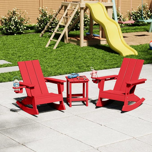 Costaelm Palms 3-Piece Kids Table and Chairs Set with Modern Toddler Rocking Chairs and Cup Holders, Red