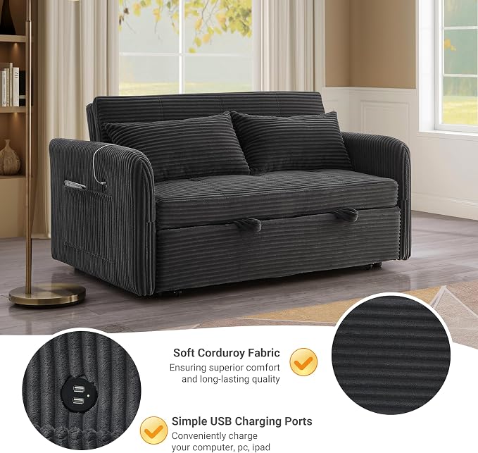 55.5" Corduroy Convertible Sofa Bed, Pull Out Sleeper Sofa Bed, Loveseat Couch with USB Charging Ports, 3 in 1 Convertible Sleeper Sofa Bed for Living Room, Apartment, Bedroom, RV, Grey