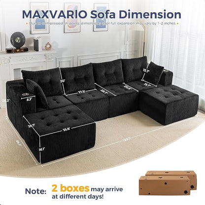 MAXYOYO 129.5" Modular Sectional Sofa Couch, U Shaped Modern Cloud Couch with 2 Ottomans, Sofa in A Box, Tufted 6-Seat Boneless Chair for Living Room, No Assembly Required, Black