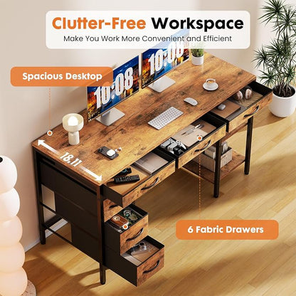 Sweetcrispy 55" Computer Desk with 6 Drawers, Home Office Gaming Desks with Storage Shelves for Bedroom, Writing Study Corner Living Room Work Table, Brown