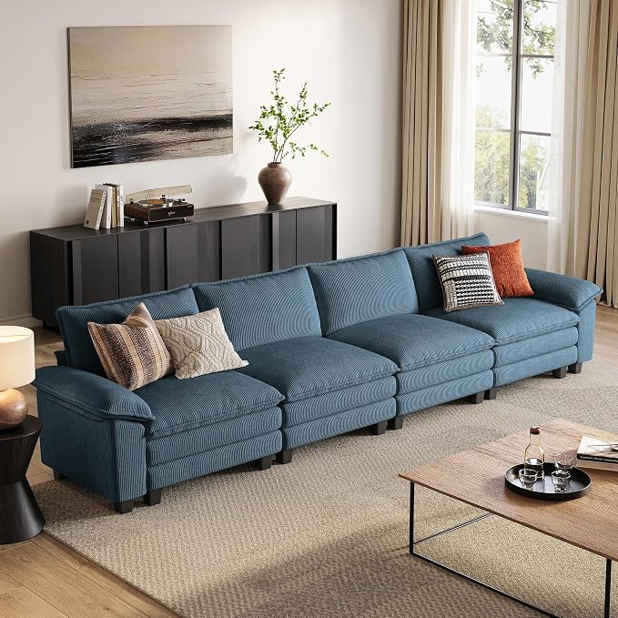 LINSY HOME 157'' Modular Sectional Sofa 4 Seat Couch Corduroy Cloud Couch with Deep Seat, Modern Cloud Couch for Living Room, Office, Bedroom, Blue