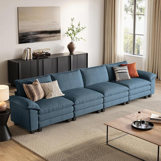 LINSY HOME 157'' Modular Sectional Sofa 4 Seat Couch Corduroy Cloud Couch with Deep Seat, Modern Cloud Couch for Living Room, Office, Bedroom, Blue