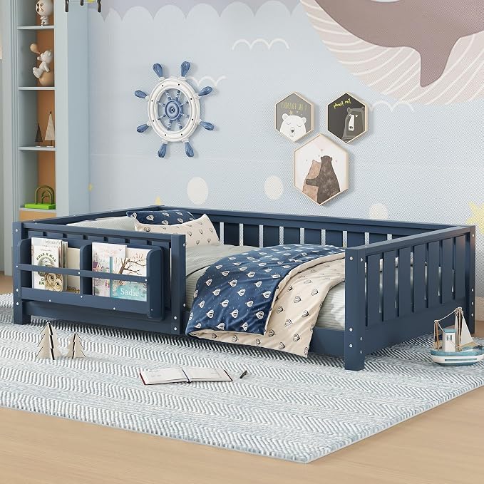 Twin Size Montessori Floor Bed with Bookshelf, Guardrail and Slats, Blue | Low Profile Montessori Floor Bed with Bookcase, Easy Assemble Montessori Beds Frame for Kids, Twin Floor Bed Frame