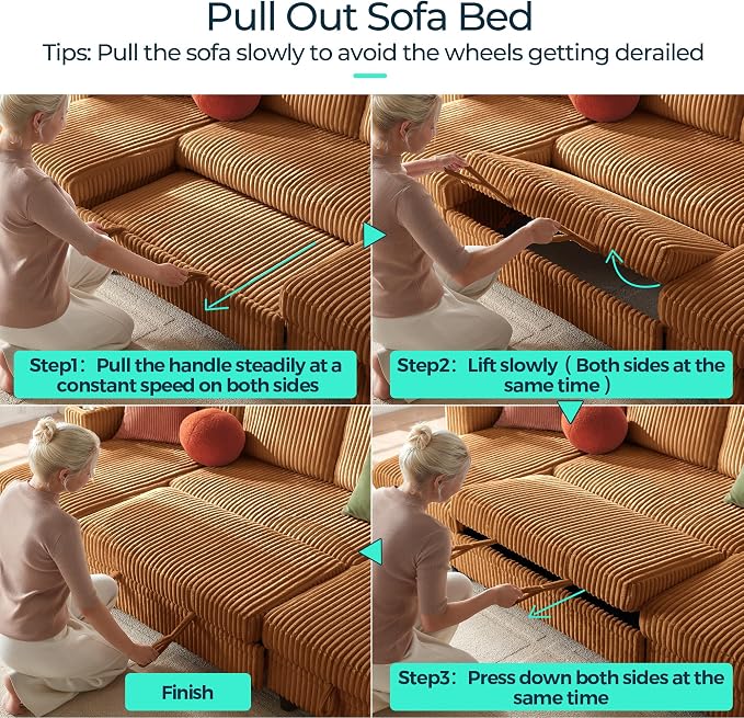 LINSY HOME Sectional Sleeper Sofa Pull Out Couches for Living Room (Brown, Sleeper Sofa 3) | Pull Out Sofa Bed, Storage, USB Charging, Cup Holders, Plush Corduroy