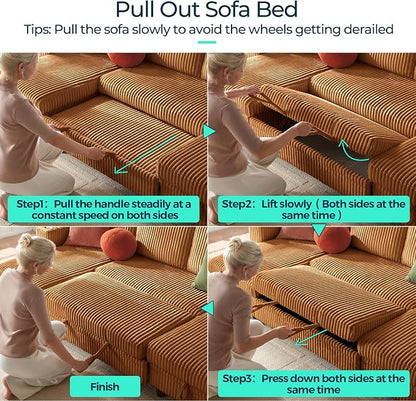 LINSY HOME Sectional Sleeper Sofa Pull Out Couches for Living Room (Brown, Sleeper Sofa 3) | Pull Out Sofa Bed, Storage, USB Charging, Cup Holders, Plush Corduroy