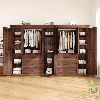 70" Tall Wardrobe Closet with 7 Doors & 6 Drawers, Farmhouse Armoire with Hanging Rod, Wooden Armoire Wardrobe Closet for Bedroom, Freestanding Clothing Storage Cabinet, Brown