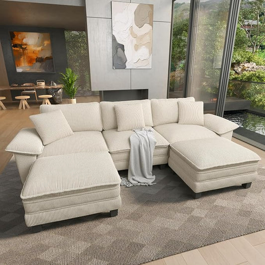 HERA'S HOUSE 124" Oversized Modular Sectional Sofa, Comfy U Shaped Couches for Living Room, Cloud Couch with Ottoman, 5-Seater Deep Seat Sofa with Throw Pillow, Corduroy Beige