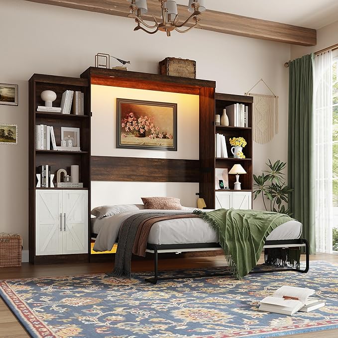 Hlivelood Queen Size Murphy Bed w/2 Storage Cabinet&2 LED Light, Farmhouse Wood Hidden Foldable Wall Bed Frame, Storage Bed Cabinet for Bedroom, Office, Space-Saving, No Box Spring Needed, White