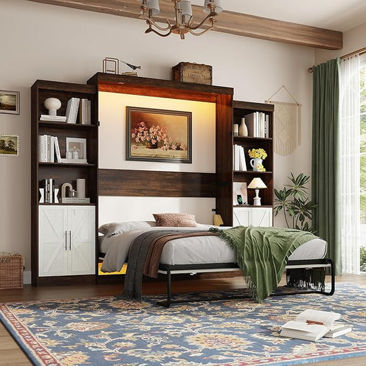 Hlivelood Queen Size Murphy Bed w/2 Storage Cabinet&2 LED Light, Farmhouse Wood Hidden Foldable Wall Bed Frame, Storage Bed Cabinet for Bedroom, Office, Space-Saving, No Box Spring Needed, White