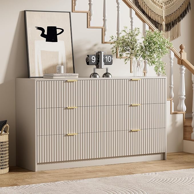 Furniway Beige Dresser for Bedroom, Modern Dresser with 6 Drawers and Smooth Slides, Wide Chest of Drawers with Golden Handles for Bedroom, Living Room, Closet, 15.7" D x 55.1" W x 31.4" H