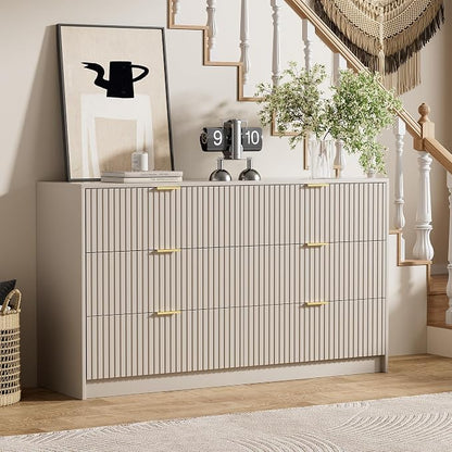 Furniway Beige Dresser for Bedroom, Modern Dresser with 6 Drawers and Smooth Slides, Wide Chest of Drawers with Golden Handles for Bedroom, Living Room, Closet, 15.7" D x 55.1" W x 31.4" H