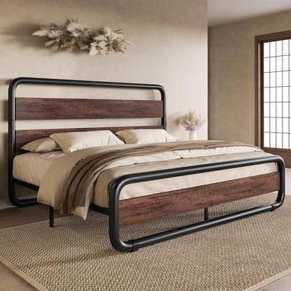 SHA CERLIN Full Size Metal Bed Frame with Wooden Headboard and Footboard, Heavy Duty Oval-Shaped Platform Bed Frame with 10" Under-Bed Storage, Noise Free, No Box Spring Needed, Mahogany