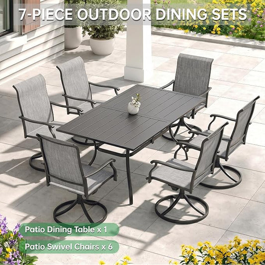 7-Piece Outdoor Dining Set with Umbrella Hole,Patio Swivel Chairs Set and 63"x 38"x 28" Outdoor Patio Table for 6,Modern Garden Dining Set for Poolside Seaside Backyard