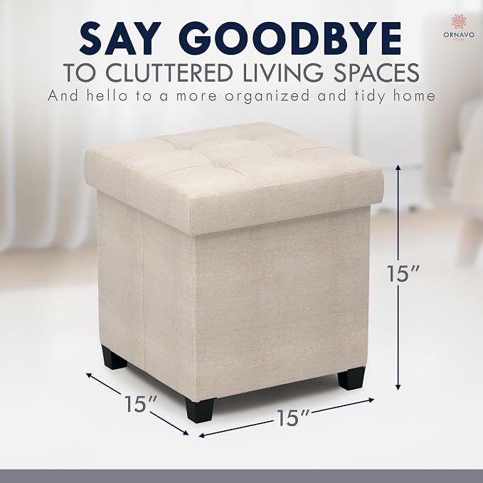 Ornavo Home Storage Ottoman with Legs, Square Cube Foot Rest Stool Seat, for Living Room, Bedroom, Home Office, Dorm - 15 x 15 x 15, Beige