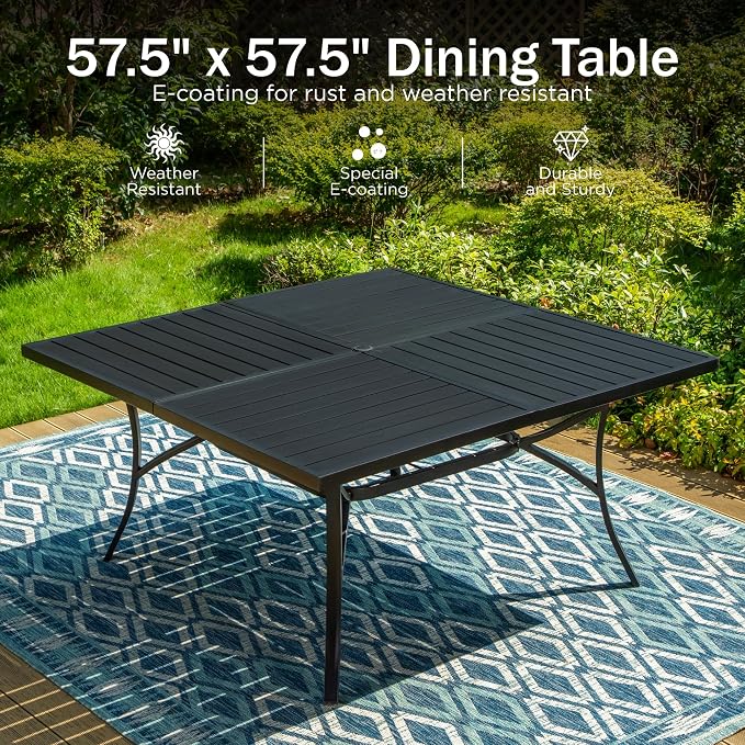 PHI VILLA 9 Pieces Outdoor Dining Set for 8, 57.5" Black Square Metal Table with Umbrella Hole & Swivel Wrought Iron Chairs with Cushions, Large Outside Furniture Set for Patio, Deck, Yard, Porch