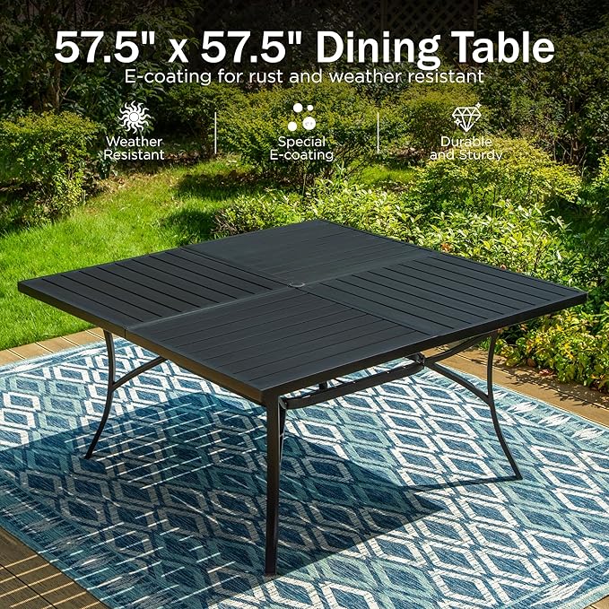 PHI VILLA 9 Pieces Outdoor Dining Set for 8, 57.5” Square Black Metal Table with Umbrella Hole & Stackable Iron Chairs, Large Outside Furniture Set for Patio, Deck, Yard, Porch