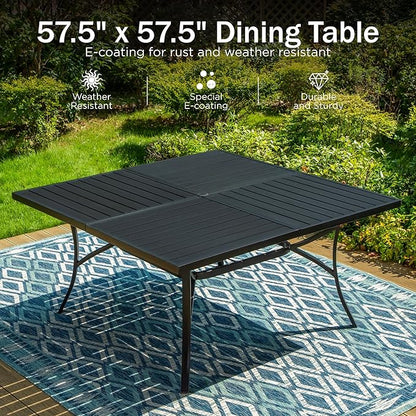 PHI VILLA 9 Piece Outdoor Dining Set for 8, 57.5" Metal Square Table with Umbrella Hole & Stackable Wrought Iron Chairs, All Weather Large Furniture Set for Patio, Deck, Backyard, Porch - Black