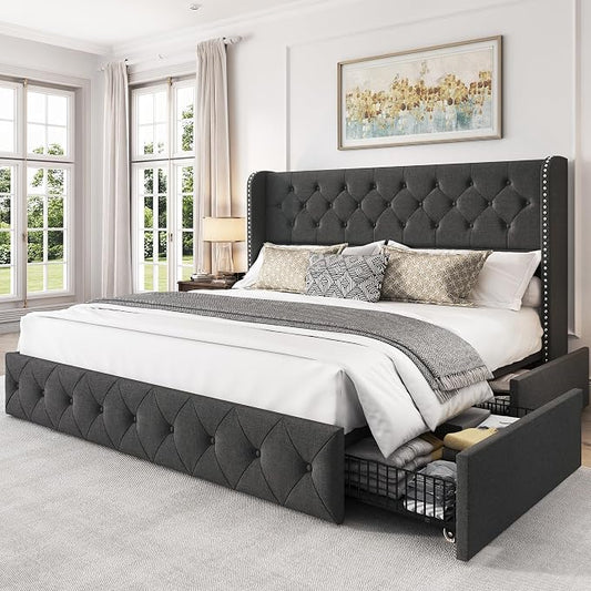 LARMACE King Size Platform Bed Frame with 4 Storage Drawers and 47.2" Tall Tufted Headboard Linen Upholstered Bed Wingback Bed Frame with Wooden Slats Support, Easy Assembly, Dark Grey
