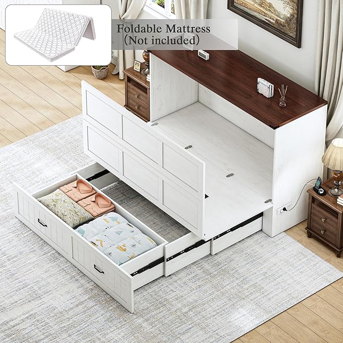 Full Murphy Bed with Storage & Charging Station, Farmhouse Murphy Cabinet Bed with Large Drawer, Hideaway Foldable Platform Bed for for Guest Room, Bedroom, Home Office, Mattress Not Included, White
