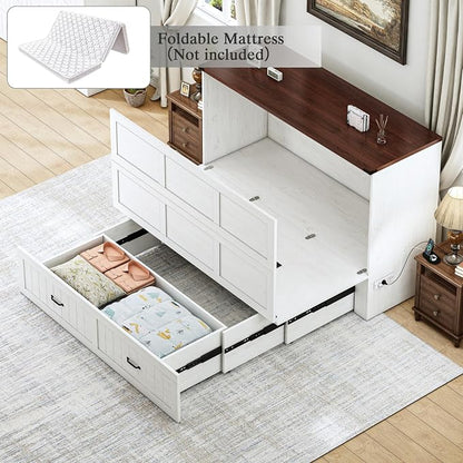 Full Murphy Bed with Charging Station, Farmhouse Noisy-Free Foldable Cabinet Bed Frame with Storage Drawer, Space Saving Hideaway Wall Bed for Guest Bedroom, Living Room, Office, White
