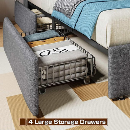 Driftalia LED King Size Bed Frame with 4 Storage Drawers, Upholstered King Bed Frame with 2-Tier Headboard and Charging Station, No Box Spring Needed, Easy to Assembly - Light Grey
