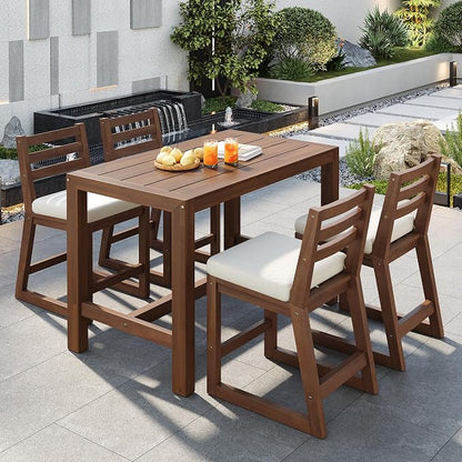 Quarte 5-Piece Acacia Wood Patio Bar Set, Rustic Outdoor Dining Table & Chairs, All-Weather Solid Wood Slatted Tabletop, Space-Saving for Garden, Patio, or Balcony (Mocha-5)