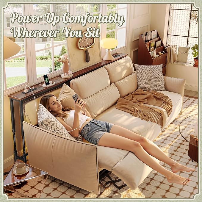 Huuger 78.7 Inch Sofa Table with Power Outlets, 23.9’’-34.4’’ Height Adjustable Range, Behind Couch Table with USB-C Ports, Sofa Tables Narrow Long, Skinny Console Table, Small Spaces, Rustic Brown