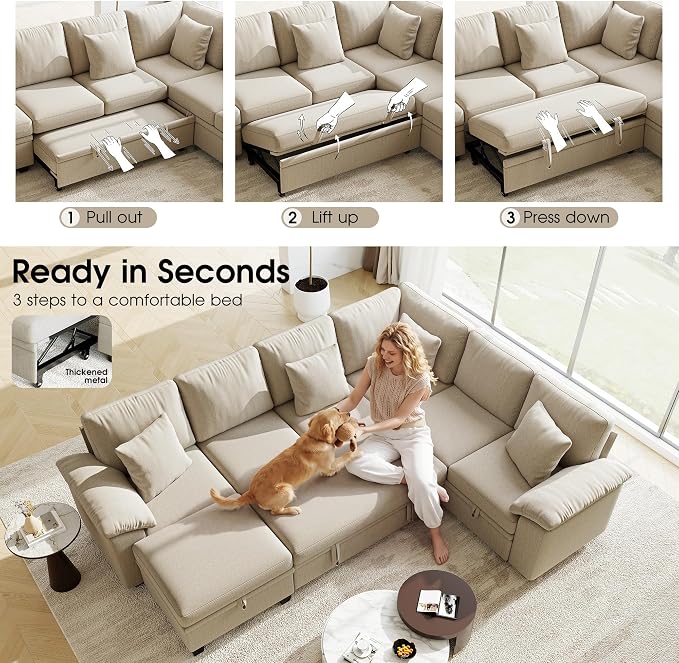 107.8" Modular Sectional Sleeper Sofa with Pull Out Bed, U Shaped 7 Seat Couch with 221L Storage, Convertible Cloud Couch Bed with Ottoman, Sectional Couches for Living Room, Apartment (Sand)