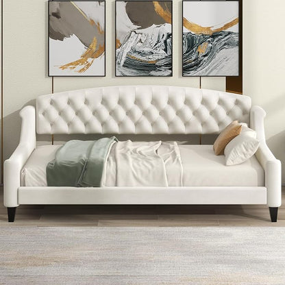 Ball & Cast Twin Size Daybed,Velvet Upholstered Day Bed Frame with Button Tufted Backrest,Modern Sofa Bed for Living Room, Bedroom,Guest Room,No Box Spring Needed,Beige