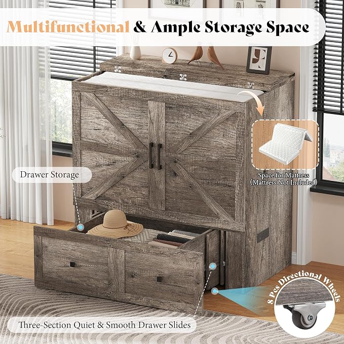 AMERLIFE Twin Murphy Bed Cabinet with Charging Station and Storage Drawer, Farmhouse Foldable Platform Bed for Home Office, Apartment, Small Spaces, Rustic Grey