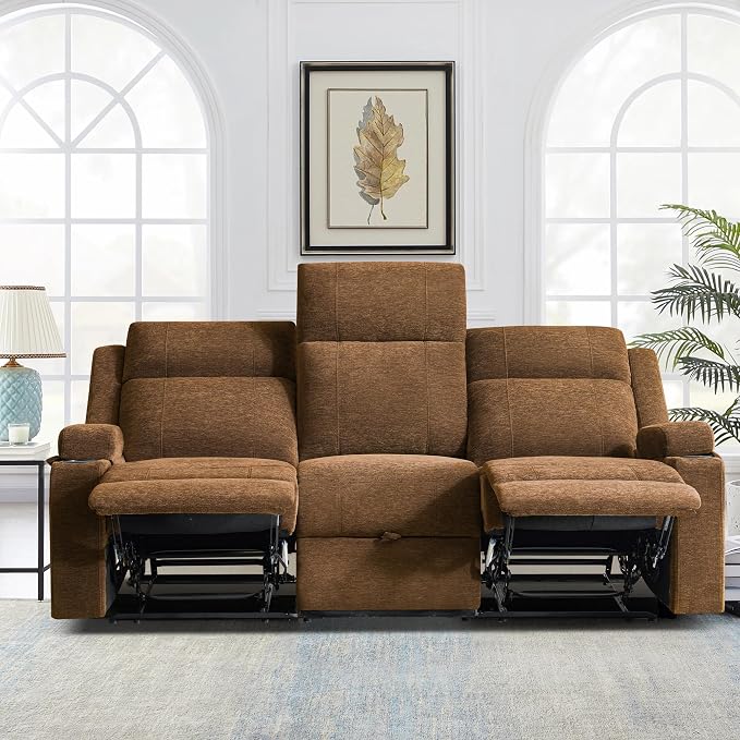 GUEAPY Large Manual Reclining Sofa 3-Seater Chenille Recliner Couch with Cup Holders, Wide Seat, Easy Assembly & Spill-Resistant Fabric Cozy Reclining Sofa for Living Room, Apartment, RV, Brown