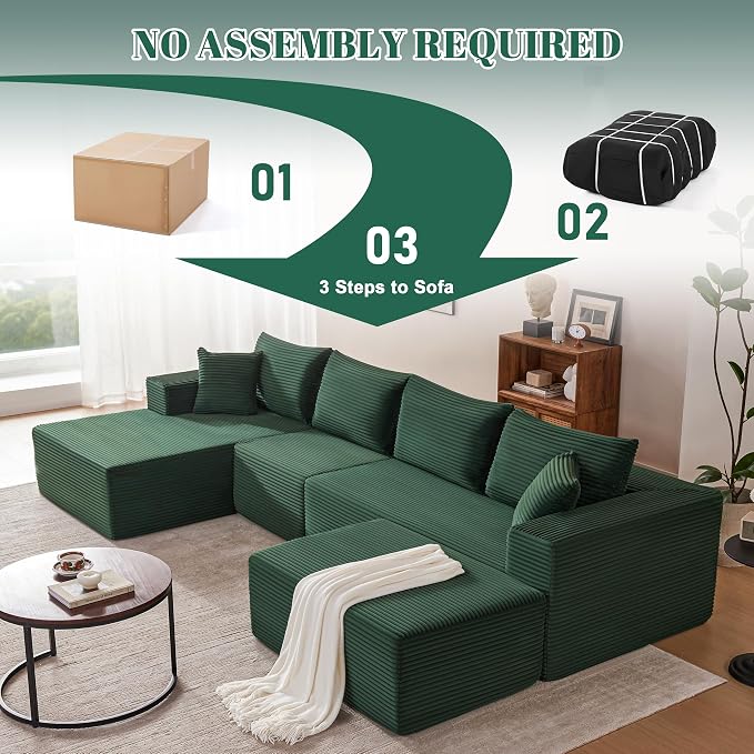 Mangodan 140” Cloud Sectional Couch, Modular Sectional Sofa with Deep Seat, Boneless Sofa for Living Room, Fluffy Comfy U-Shaped Couch with Left Facing Chaise, No Assembly Required, Green