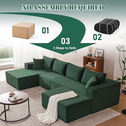 Mangodan 140” Cloud Sectional Couch, Modular Sectional Sofa with Deep Seat, Boneless Sofa for Living Room, Fluffy Comfy U-Shaped Couch with Left Facing Chaise, No Assembly Required, Green