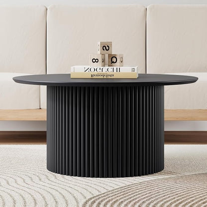 31.5" Round Coffee Table, Modern Fluted Accent Center Table with Metal Frame, Wooden Circle Coffee Tables for Living Room Small Space or Office (Black)