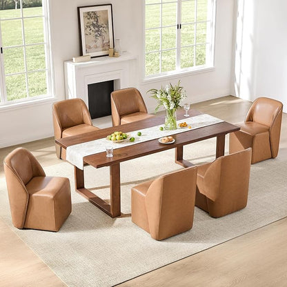 Watson & Whitely Leather Rolling Dining Chairs with Casters Set of 2, Brown | Upholstered Seat, Removable Rollers, Modern Style, Armless Chairs for Dining Room, Living Room, Bedroom