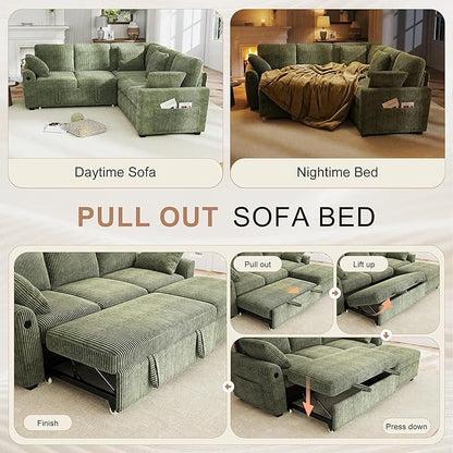 Hanherry Sectional Couch with Pull Out Sofa Bed,Corduroy Sleeper Sofa with 2 Seat Storage & USB Charging,Comfy L Shaped Modular Couches for Living Room,Apartment