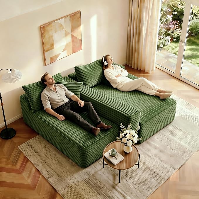 JINGLING 94" L Shape Couch with Right Chaise, Memory Foam Boneless Sectional Sofa in a Box, No Assembly Modular Small Couches for Small Spaces, Living Room, Apartments, Plush Corduroy, Green