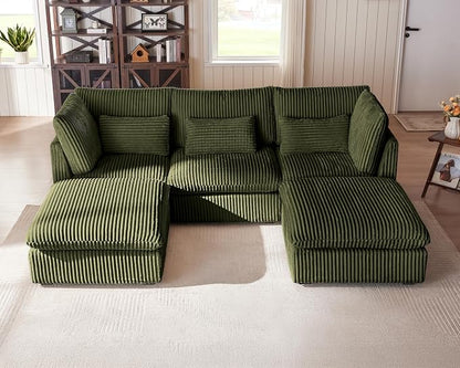115" Oversized Corduroy Couch Modular Sectional Sofa, Washable Cloud Couch Sectional with 2 Ottoman, 5 Seater Sectional Couches for Living Room, Fully Cover Removable, U Shaped, Corduroy, Green
