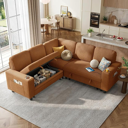 LINSY HOME Pull Out Sofa Bed Sectional Sleeper Sofa with Storage, Plush Corduroy Pullout Modular Sectional Couches for Living Room, L Shaped Convertible Couch Bed for Apartment (Brown)