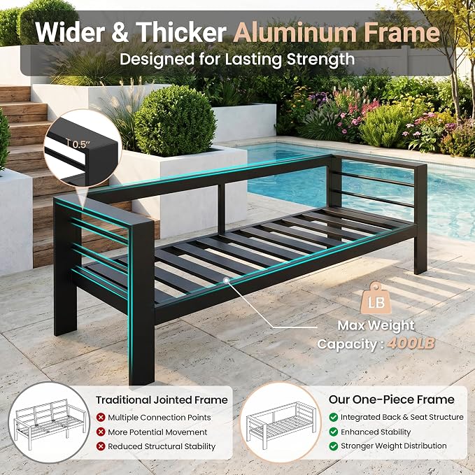 Solaste Aluminum Outdoor Patio Furniture Set, 7 Seats Patio Sectional Sofa with 5" Thick Cushion, Outdoor Patio Set with Coffee Table for Porch, Backyard, Deck, Yard, Blue