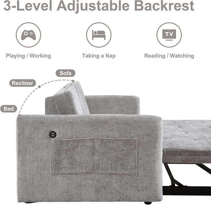 57.48" Convertible Sofa Bed with Cup Holder, Pull Out Sleeper Sofa Bed with USB Charging Ports, 3 in 1 Convertible Sleeper Sofa Bed for Living Room, Apartment, Bedroom, RV, Grey